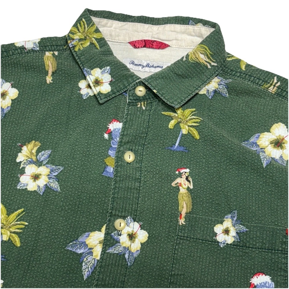 Tommy Bahama Hawaiian Shirt Mens L Seersucker Green Floral Hula Dancer Button Up